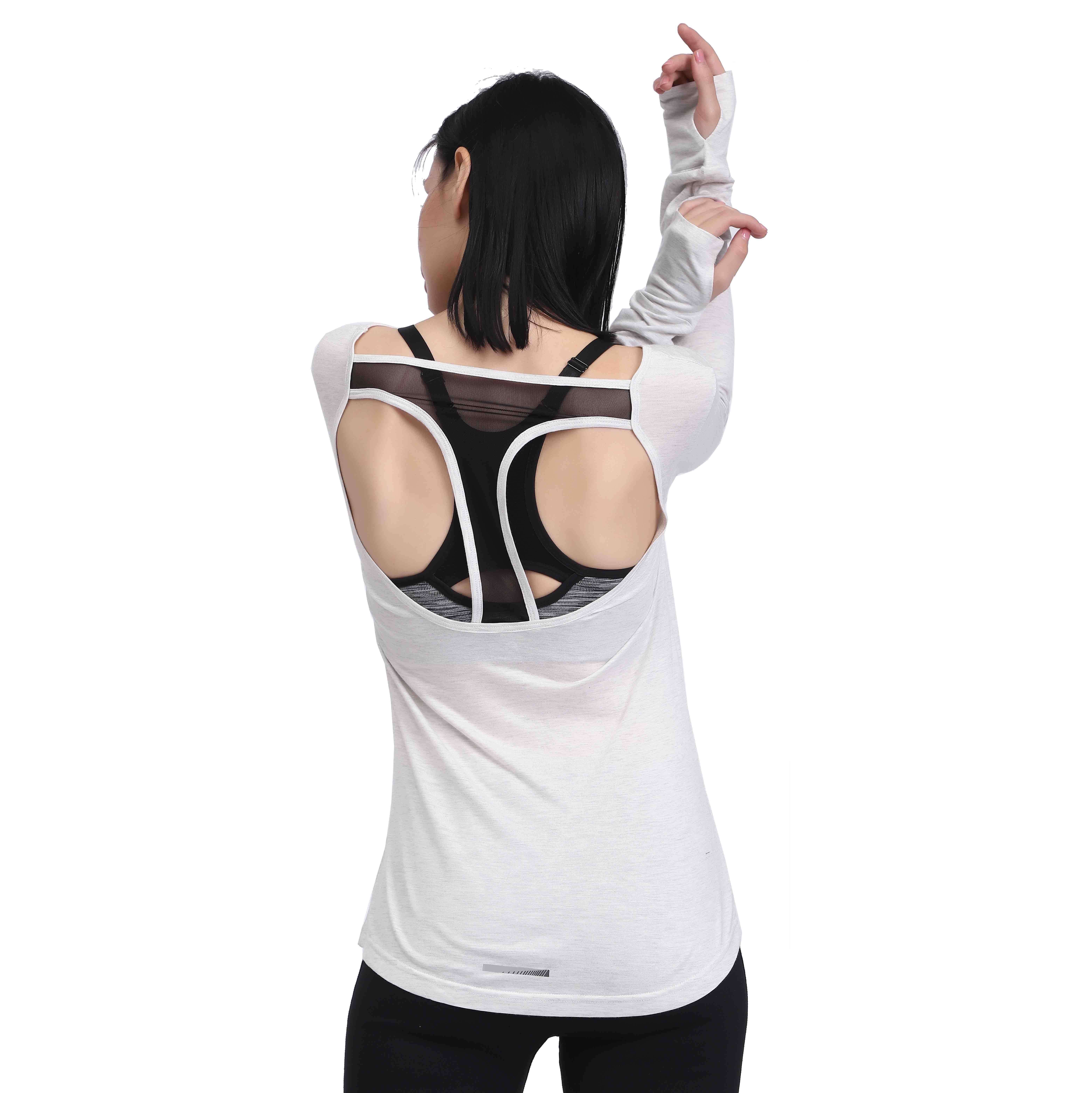 "Camisas de yoga blancas de manga larga con espalda abierta para mujer"
